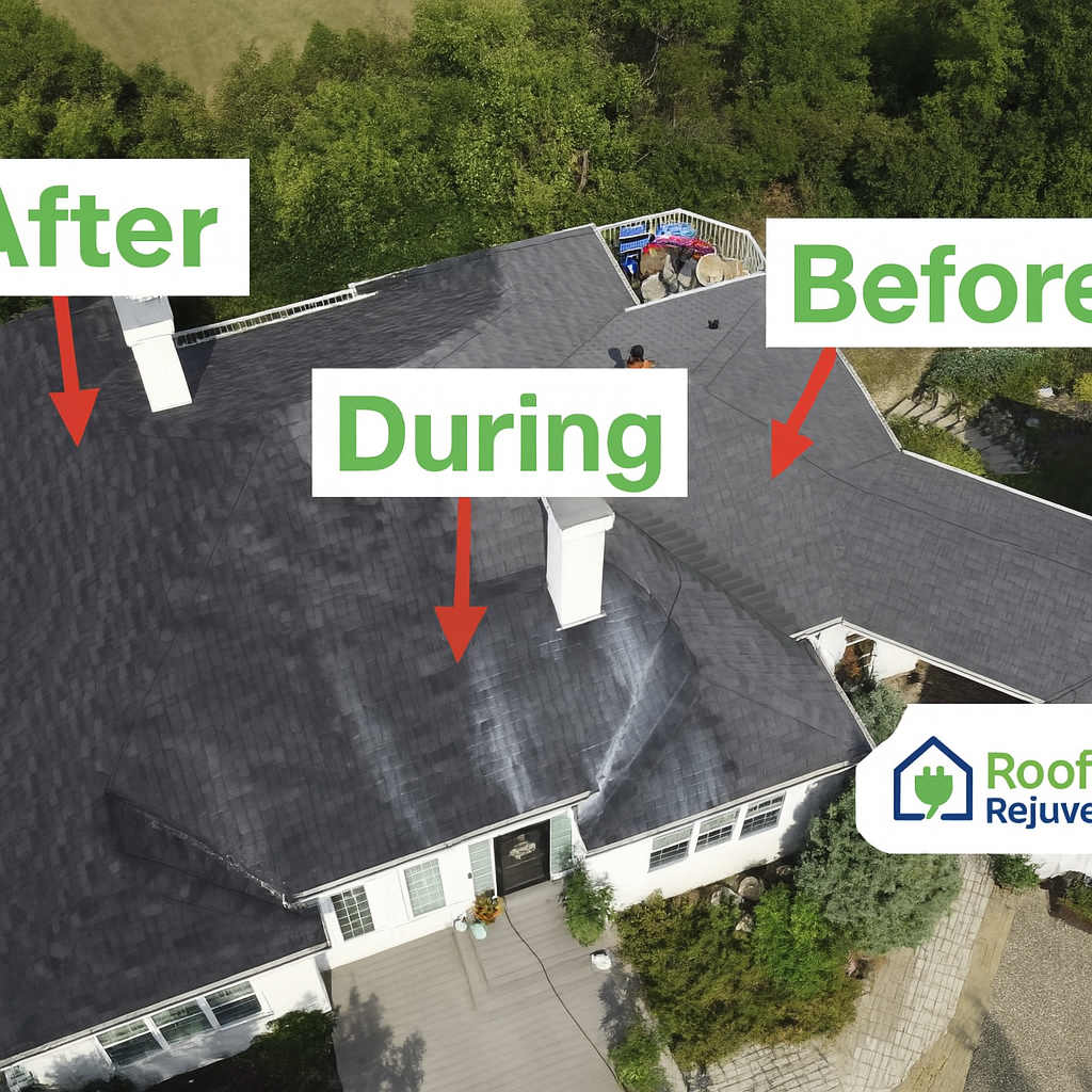 Roof rejuvenation before, during, and after comparison showing dramatic improvement in roof appearance
